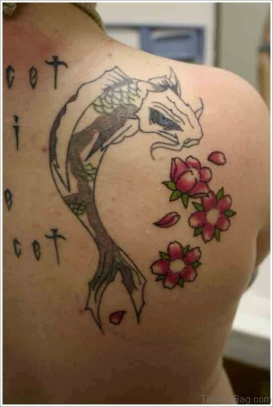 Red Flower And Fish Tattoo