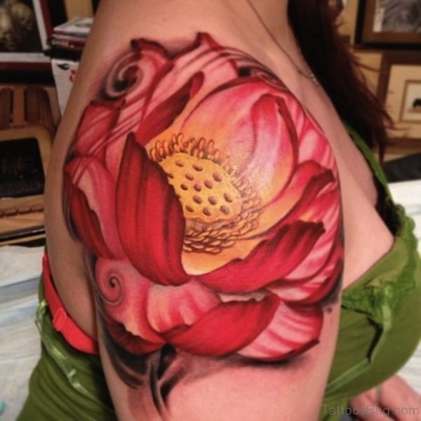 Red Flower Tattoo On Right Shoulder