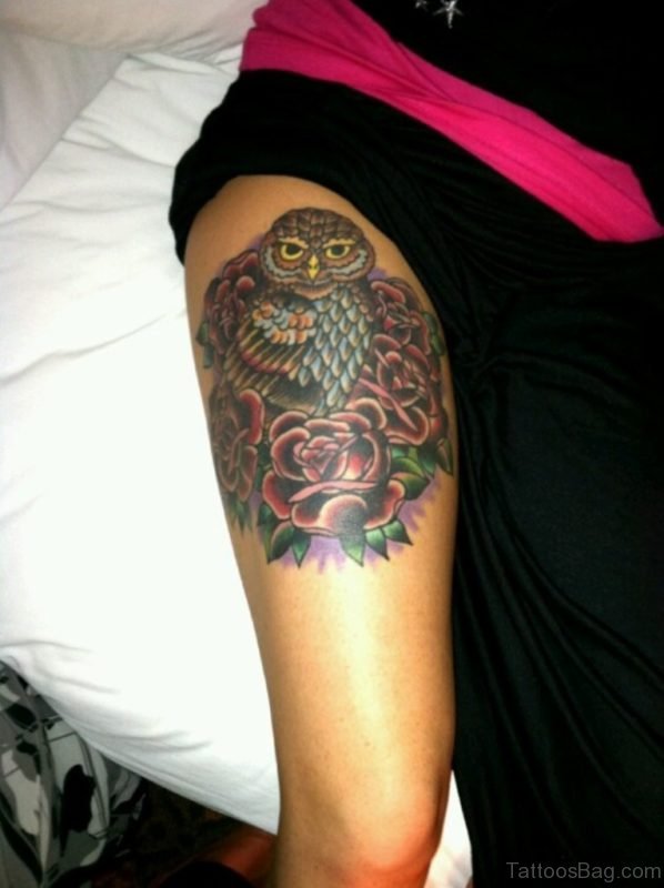 Red Roses And Owl Tattoo