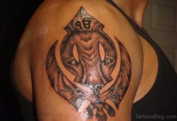 Religious Khanda And Lion Tattoo