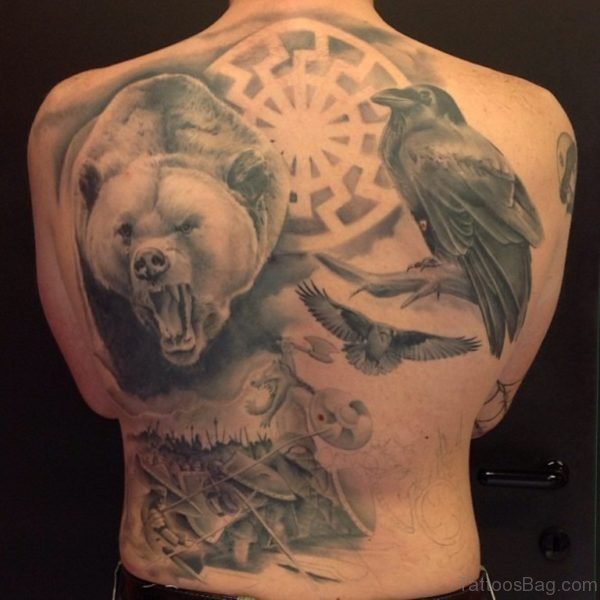 Roaring Bear And Crow Tattoo