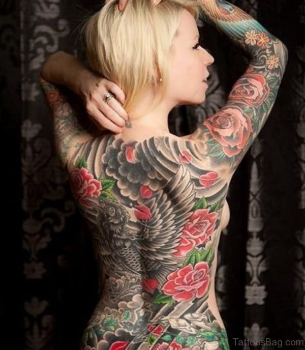Rose And Eagle Tattoo On Full Back