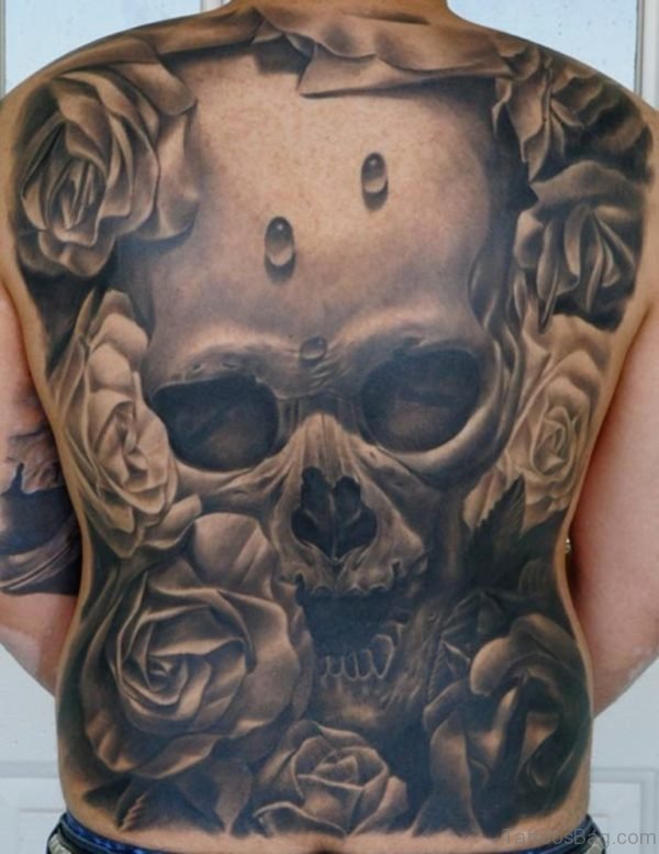 Rose And Skull Tattoo On Full Back