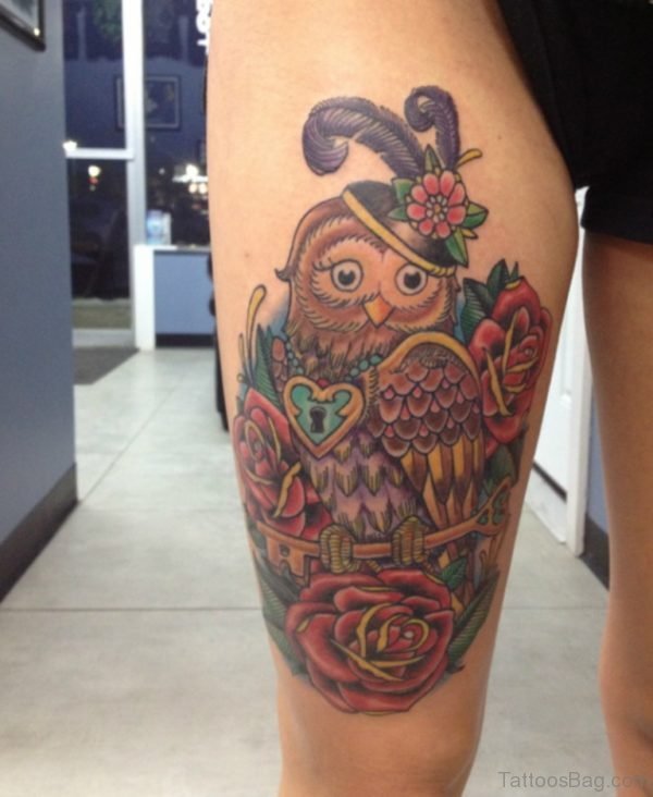 Rose Flower And Owl Tattoo