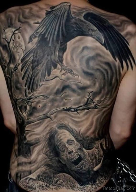 Scary Zombie And Crow Tattoo