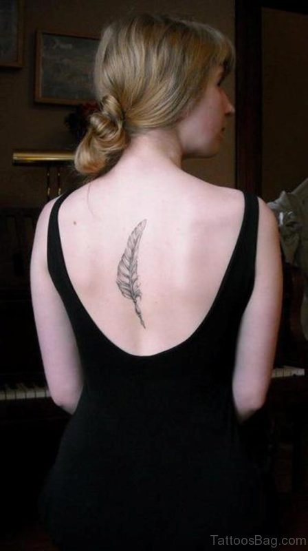 Simple Black Feather Tattoo On Back