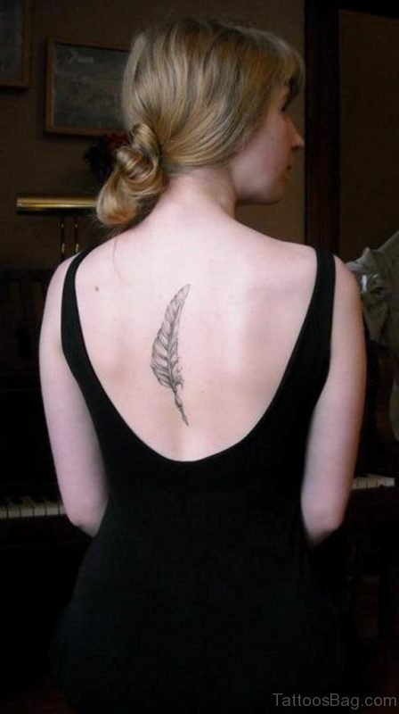 Simple Black Feather Tattoo On Back