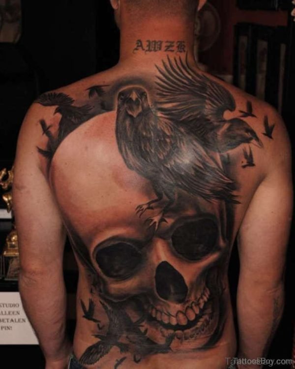 Skull And Crow Tattoo On Full Back