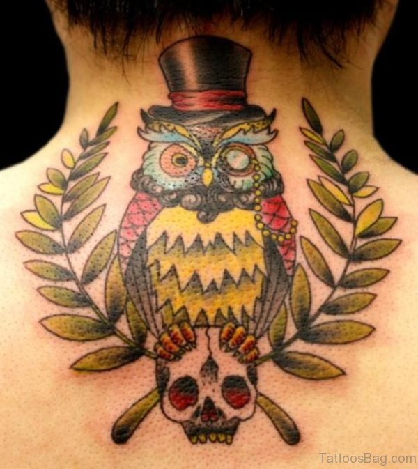 Skull And Owl Tattoo On Back