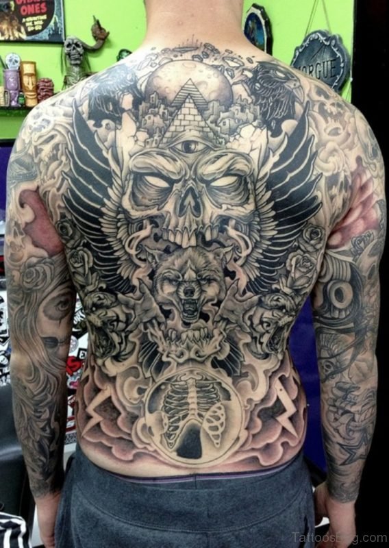 Skull And Wolf Head Tattoo