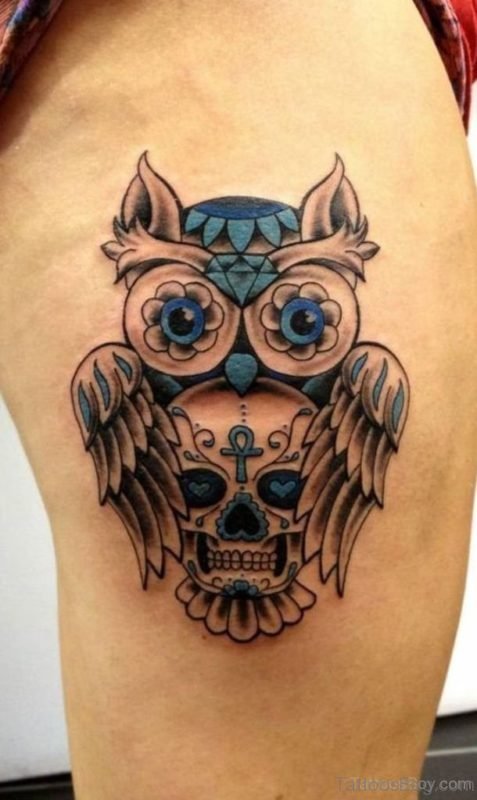 Skull Owl Tattoo On Thigh