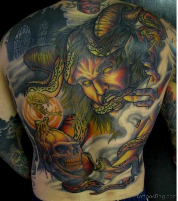 Skull Snakes & Devil Tattoo On Back