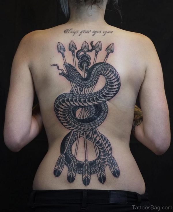 Snake And Arrows Tattoo On Back