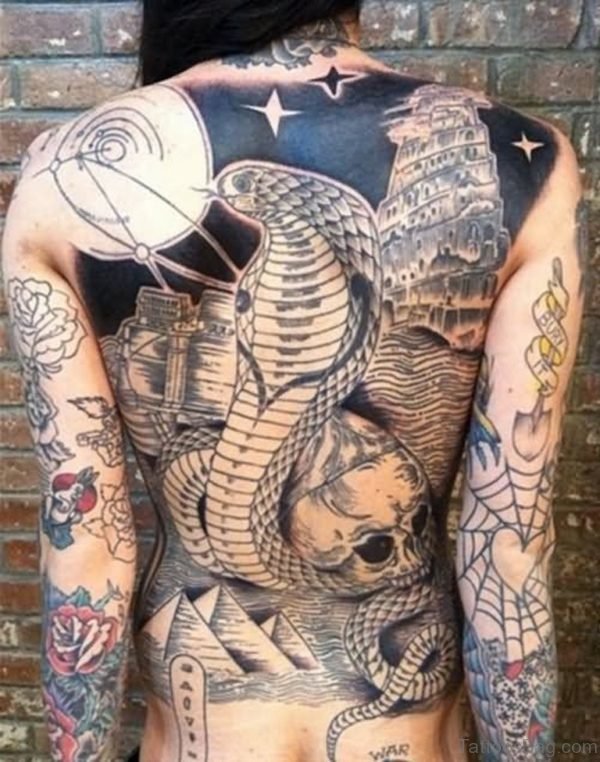 Snake And Skull Tattoo On Back