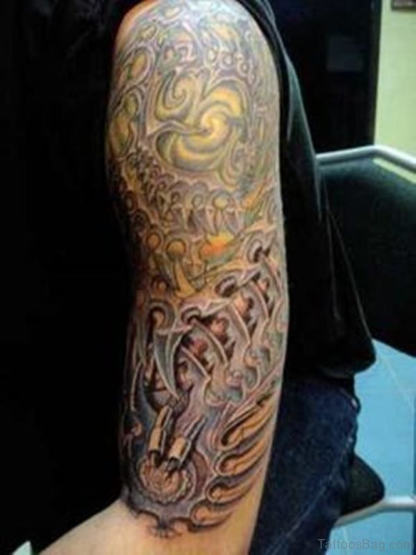 Stylish Bio Mechanical Tattoo On Half Sleeve