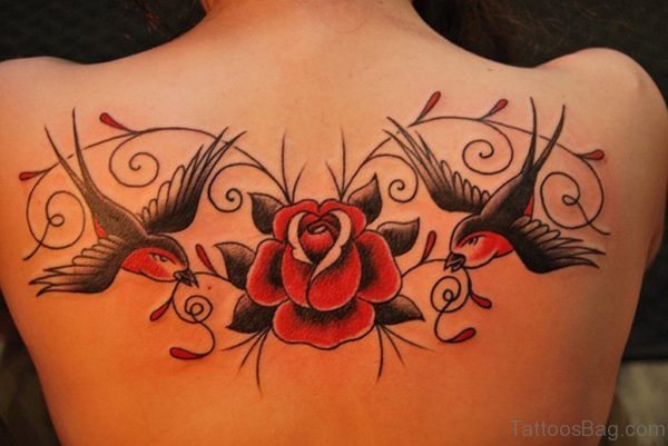 Swallow And Rose Back Tattoo