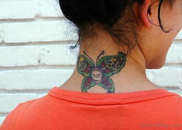 Sweet Green Butterfly Tattoo On Neck