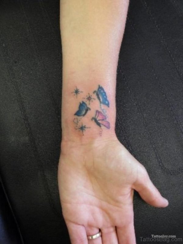 Three Colorful Butterflies Tattoo On Wrist