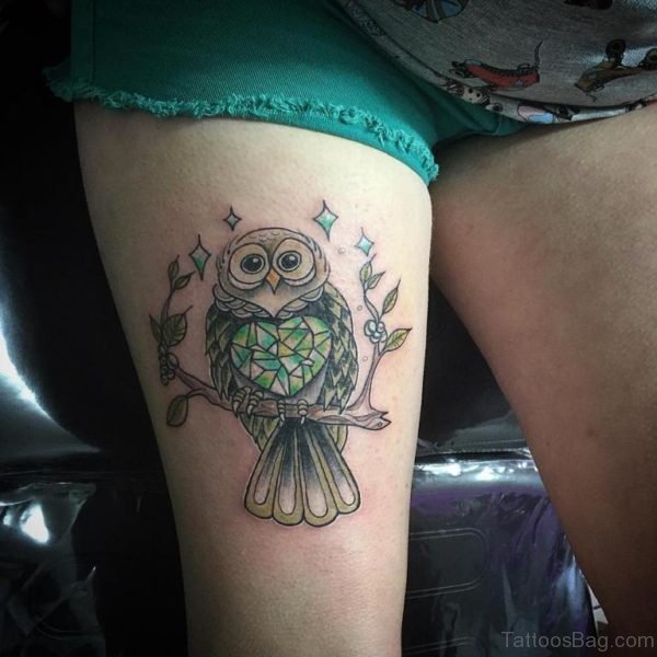 Traditional Owl Tattoo On Thigh