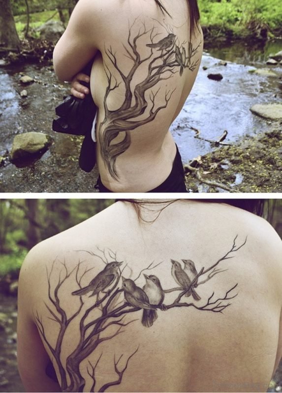 Tree And Bird Back Tattoo