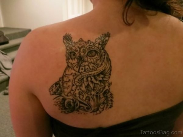 Unique Owl Tattoo On Girl Upper Side Back