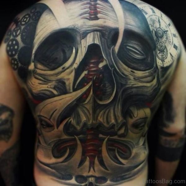 Unique Skull Tattoo On Full Back