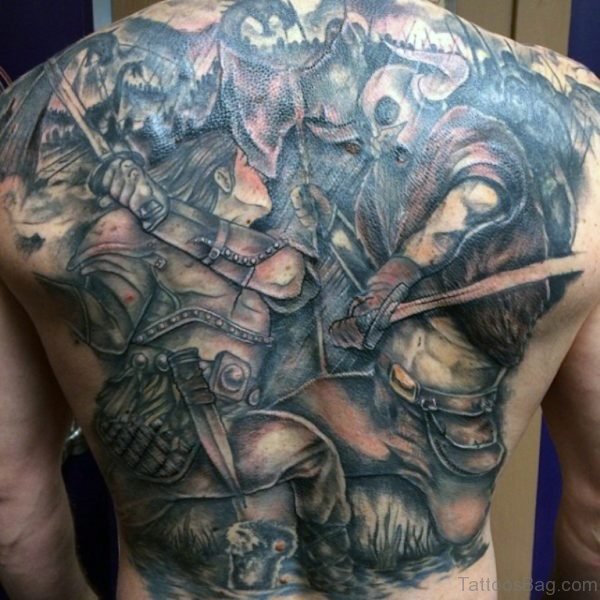 Warrior Fighting Tattoo On Back