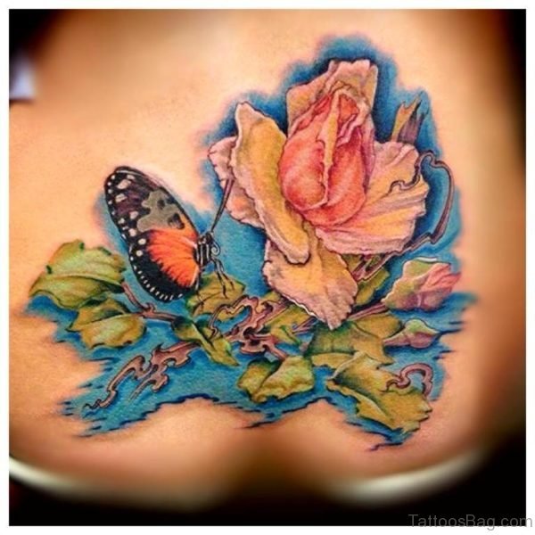 Water Color Butterfly And Flower Tattoo