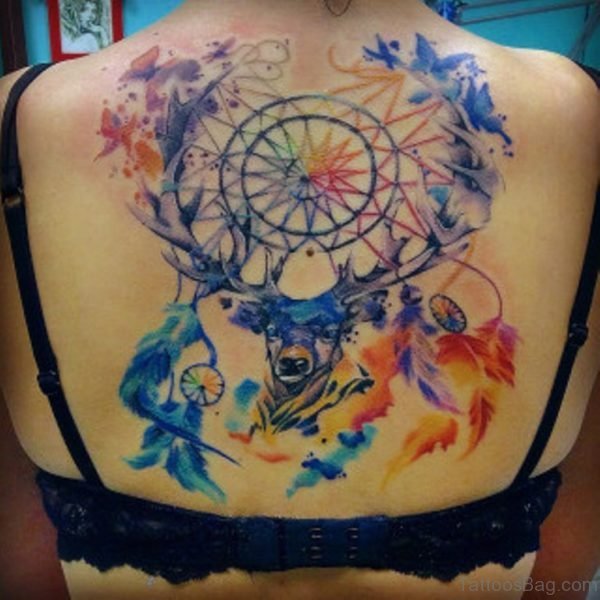 Watercolor And Dreamcatcher Tattoo On Back
