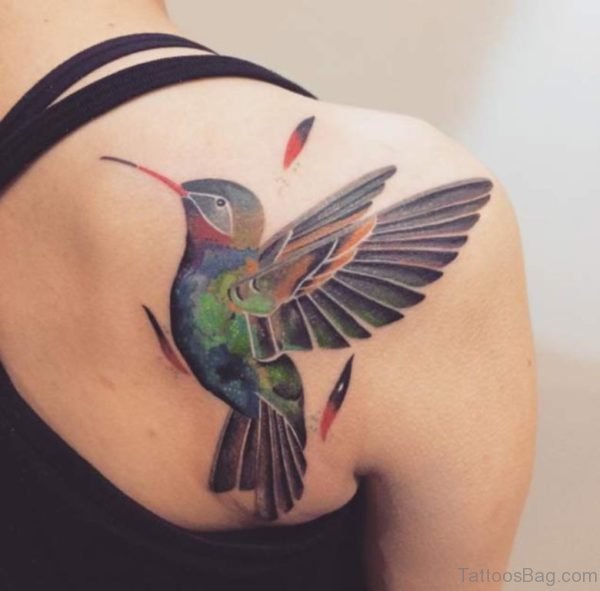 Watercolor Hummingbird Tattoo On Back