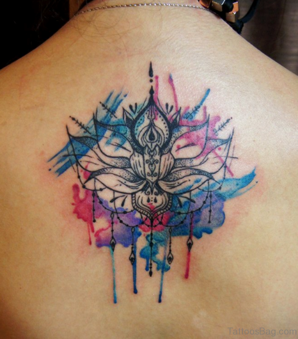 Watercolor Mandala Lotus Tattoo On Upper Back