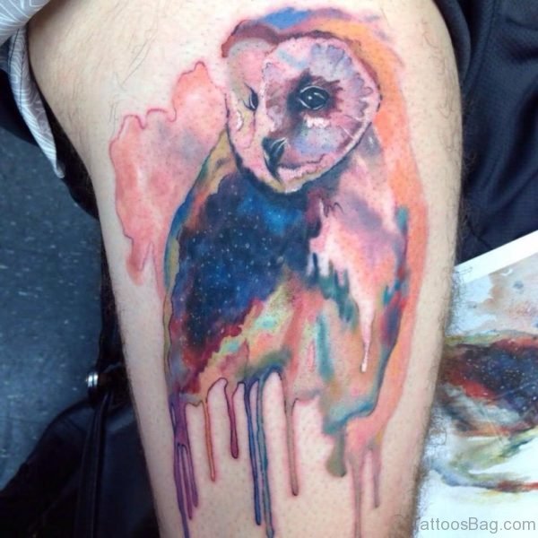 Watercolor Owl Tattoo Design For Thigh
