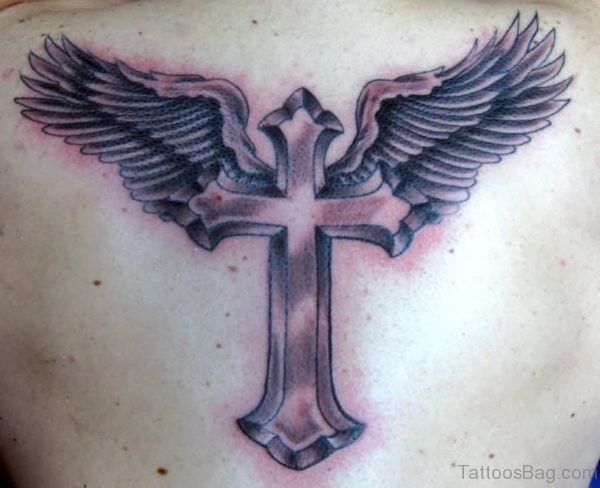 Winged Cross Tattoo On Back