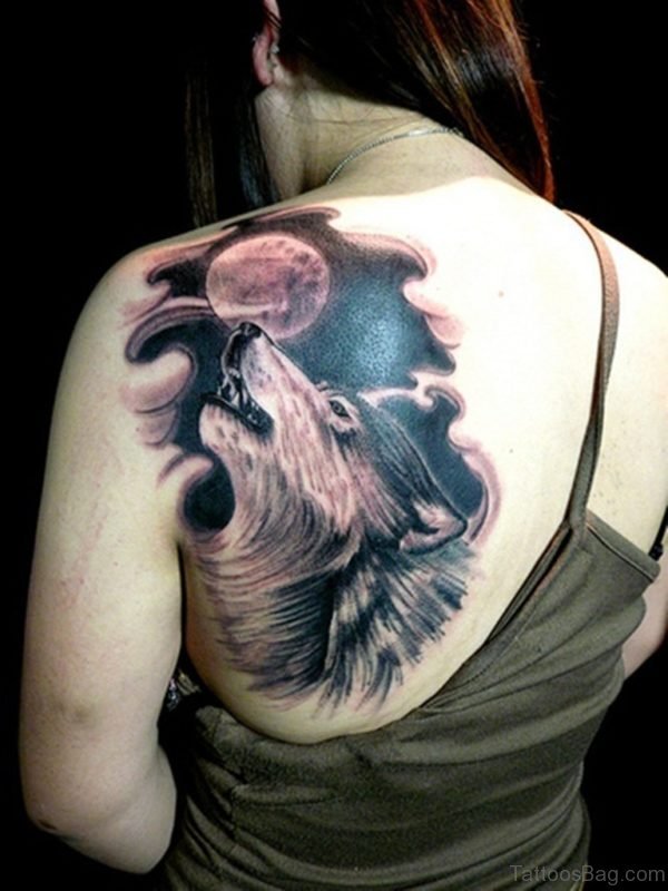 Wolf And Moon Tattoo Design On Back