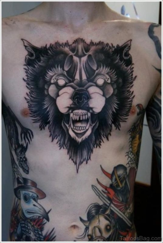 Wolf Face Tattoo On Chest
