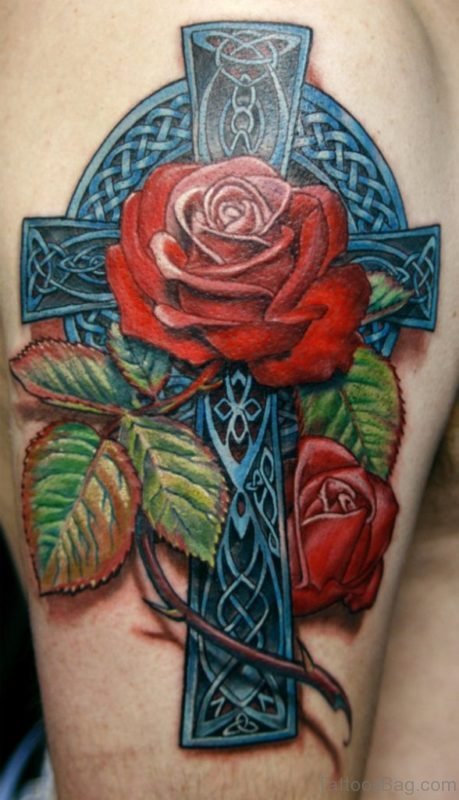 Wonderful Cross And Rose Tattoo