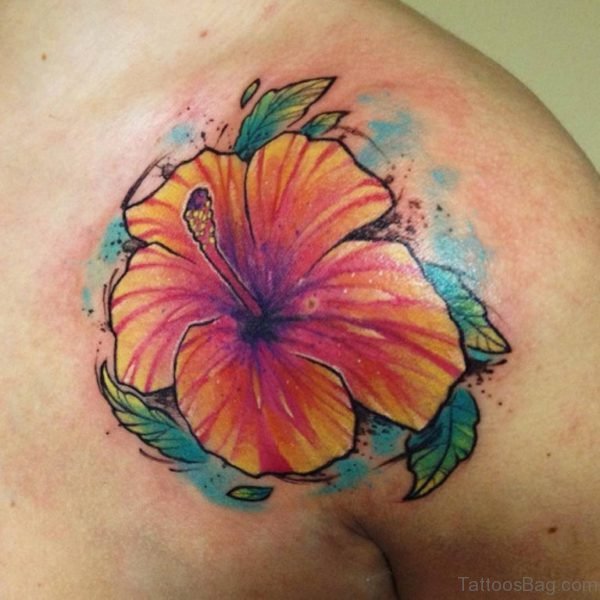 Wonderful Hibiscus Tattoo On Front Shoulder