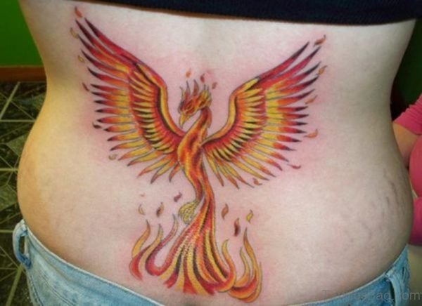 Yellow Phoenix Tattoo On Lower Back