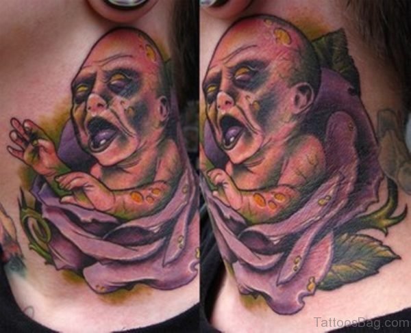 Zombie Baby Rose Tattoo On Neck