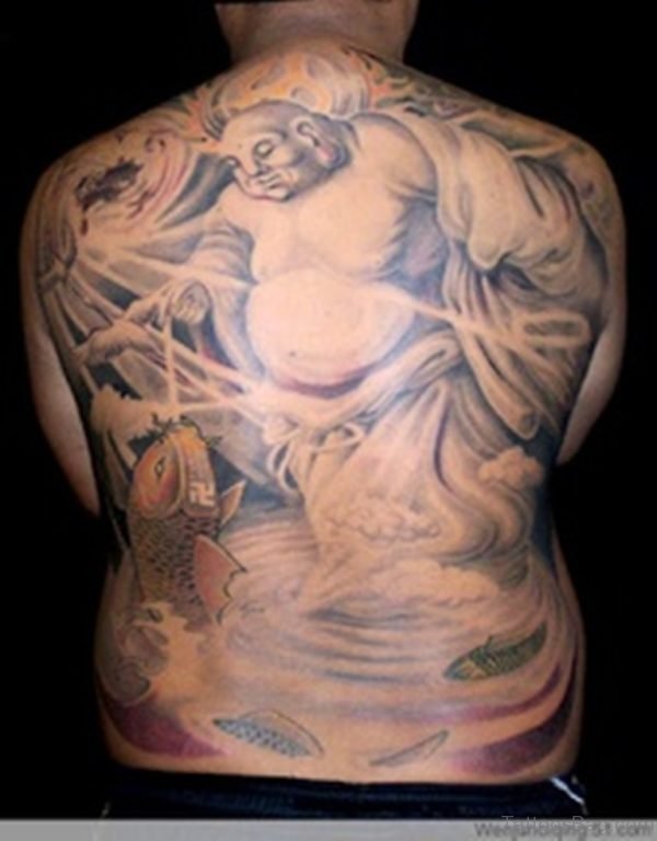 Buddha With Koi Fish Tattoo On Back