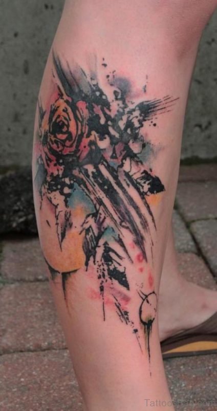 Abstract Colorful Rose Tattoo On Leg