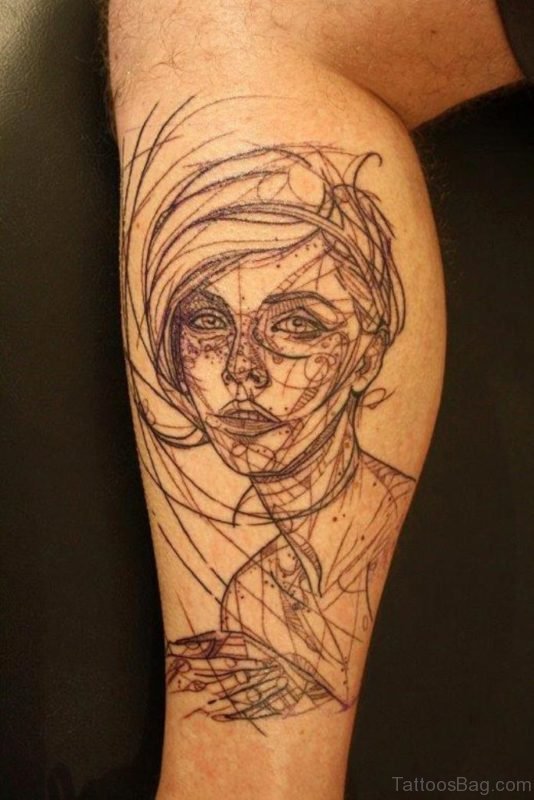 Abstract Geometric Portrait Tattoo On Leg