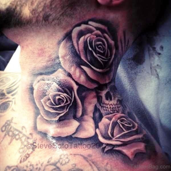 Adorable Roses And Skull Tattoo On Neck