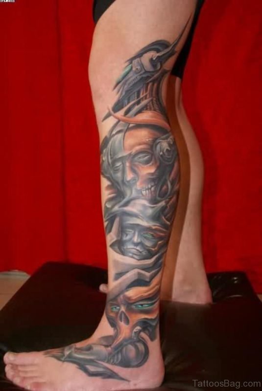Alien Biomechanical Colored Tattoo On Leg