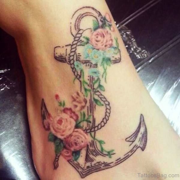 Amazing Anchor Tattoo With Flowers 