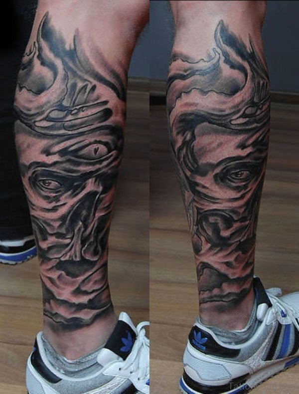Amazing Biomechanical Skull Tattoo On Leg