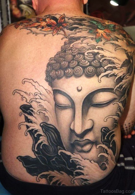 Amazing Buddha Face Tattoo On Full Back