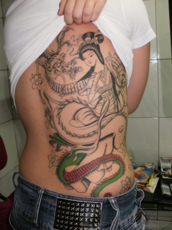 Amazing Geisha Tattoo On Rib Side