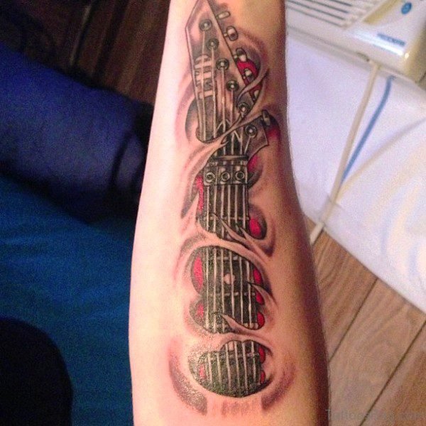 Amazing Guitar Tattoo On Forearm