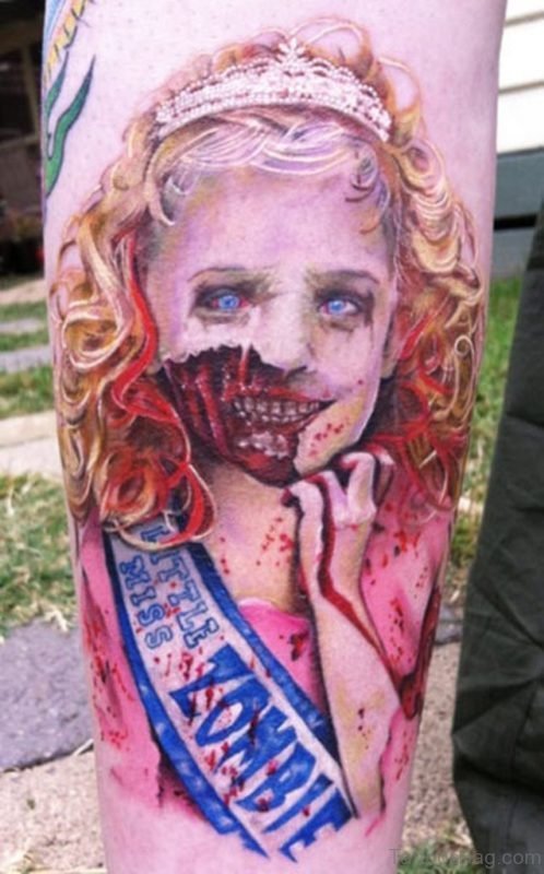 Amazing Zombie Girl Portrait Tattoo